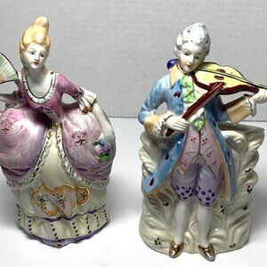 Vintage Victorian-style Japan Ceramic Planter Man Playing Violin Women with Fan